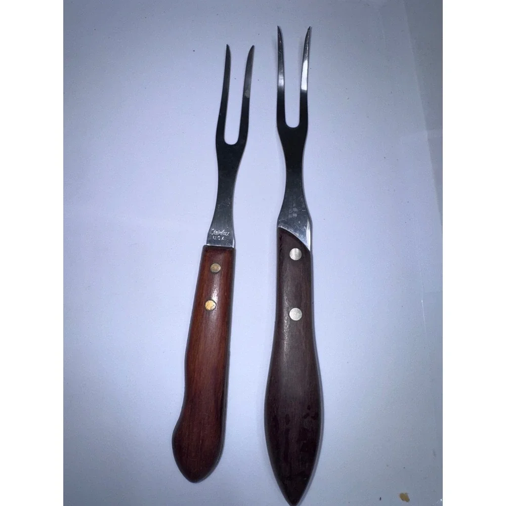 Vintage Stainless Steel Meat Carving Forks Set of 2Wood Handle USA Kitchen Tools